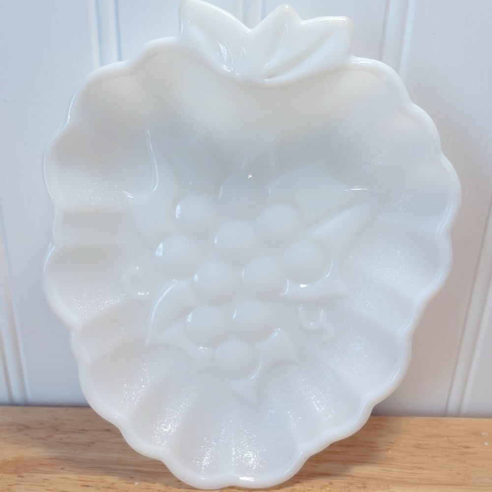 Two White milk-glass Grape Leaf Serving Dishes